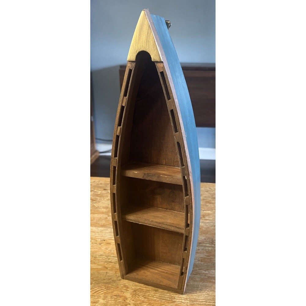 Wooden Boat Shelf 15" Nautical Decor Displays Shelves Blue Canoe Beach Lake